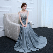 Made in China Wholesaler Women's Long Evening Dress Sleeveless O-neck Beaded A-line Silver Prom Dress Evening